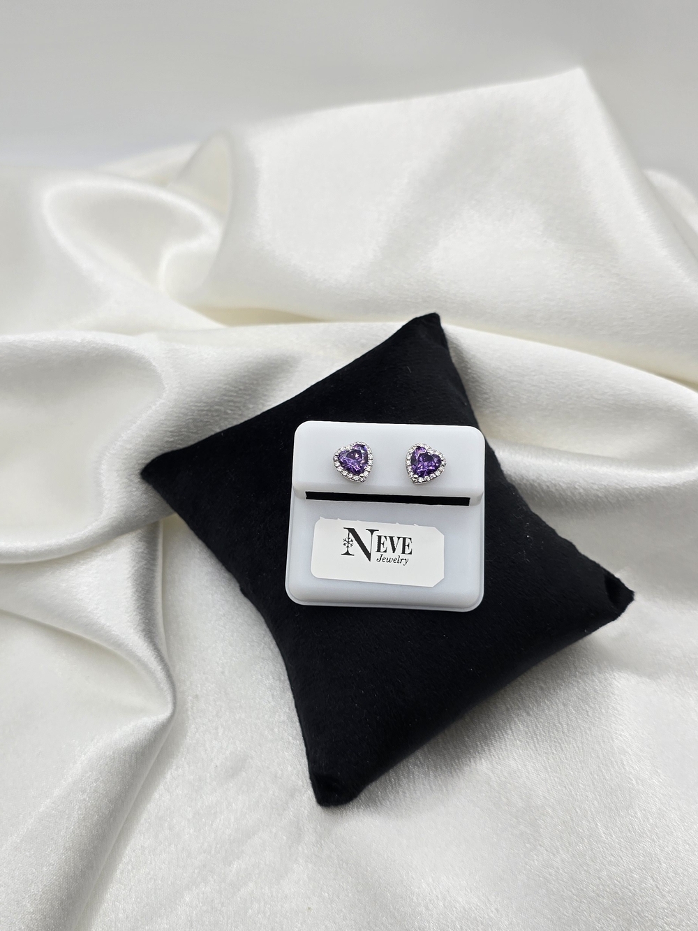 Sterling Silver 925 Amethyst Cz Halo Heart Shaped Earrings